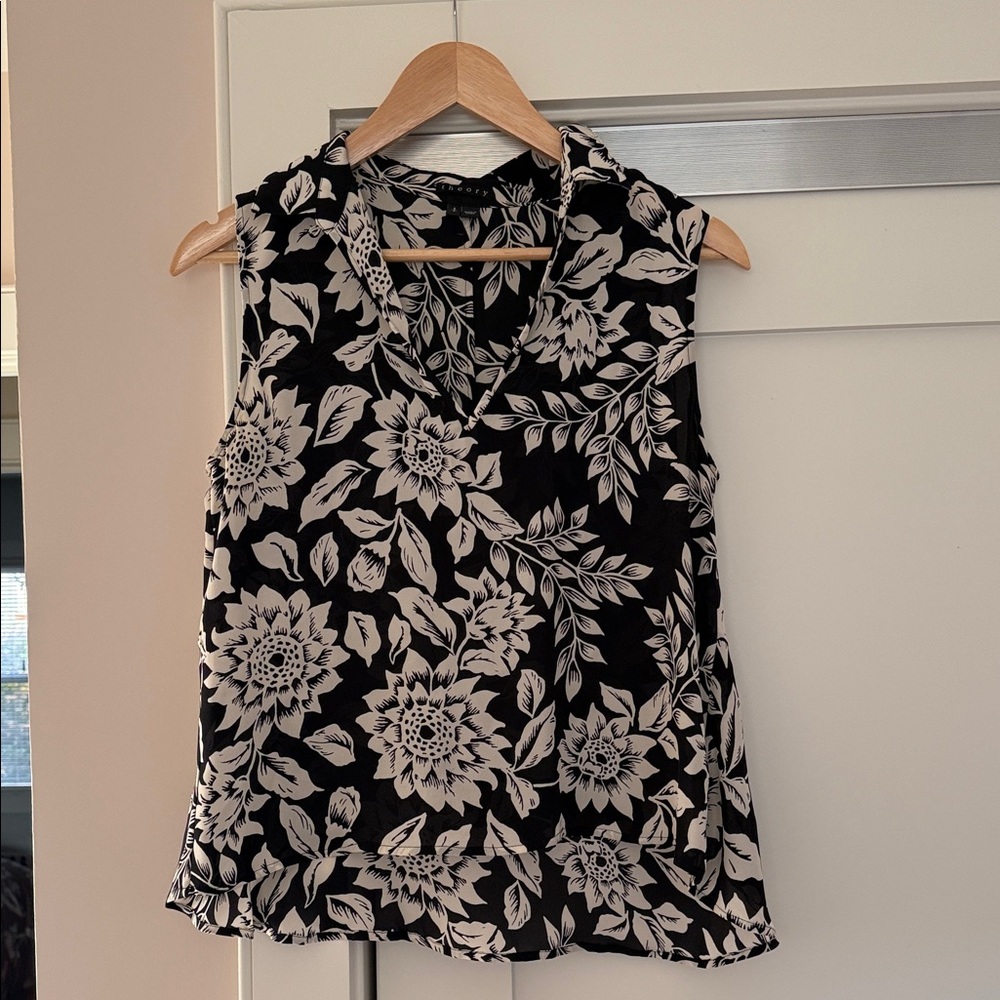 Theory Black and White Floral Sleeveless Blouse